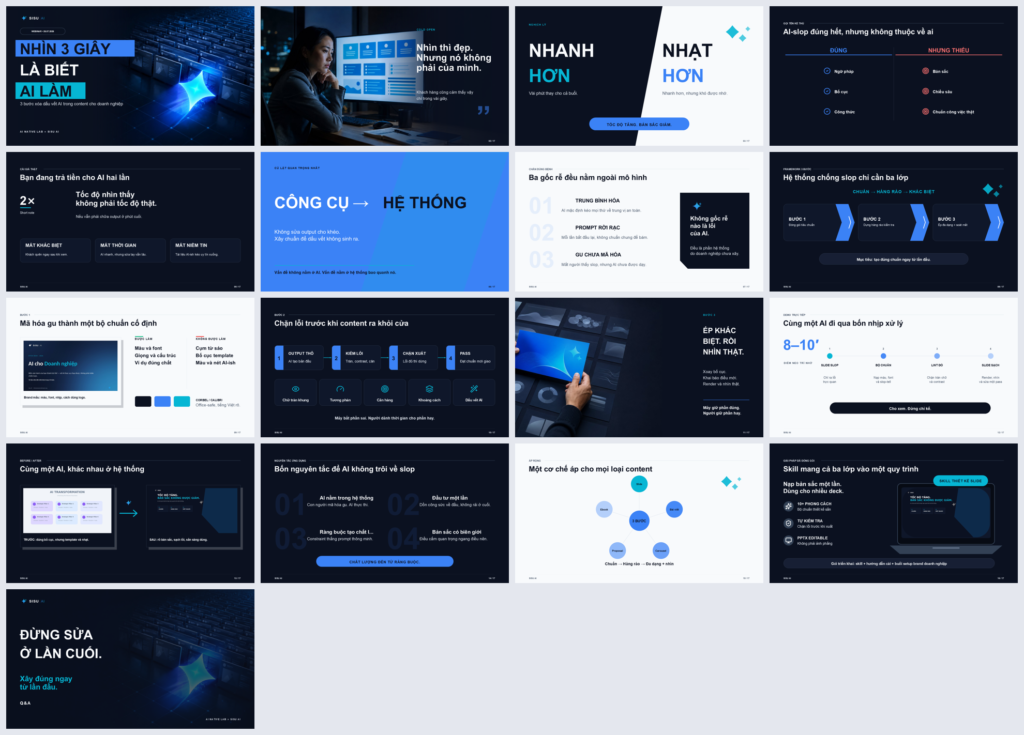 Ảnh montage xem trước 17 slide phong cách dark-tech xanh lam chuyên nghiệp, chỉnh sửa được trong PowerPoint