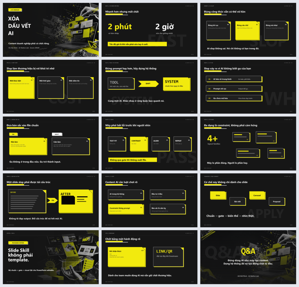 Ảnh montage xem trước 15 slide webinar GenZ màu đen và vàng neon, chỉnh sửa được trong PowerPoint